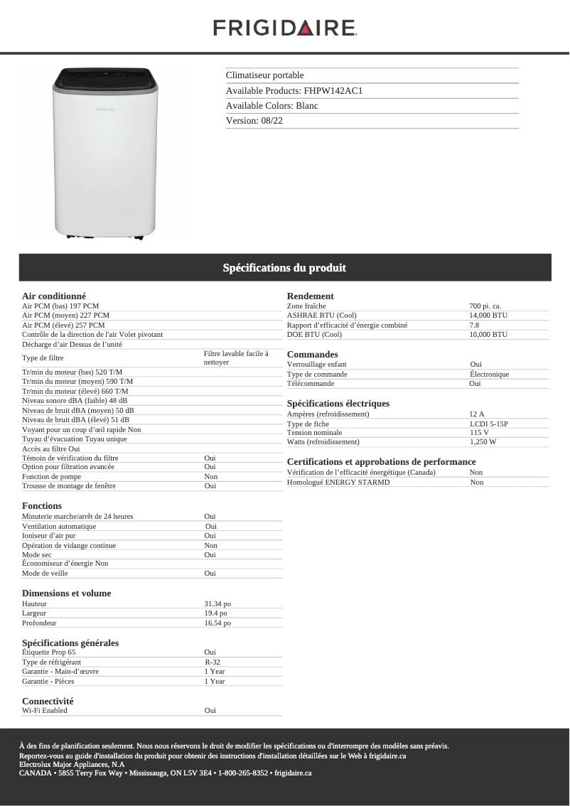 Image de la première page du manuel de l'appareil FHPW142AC1