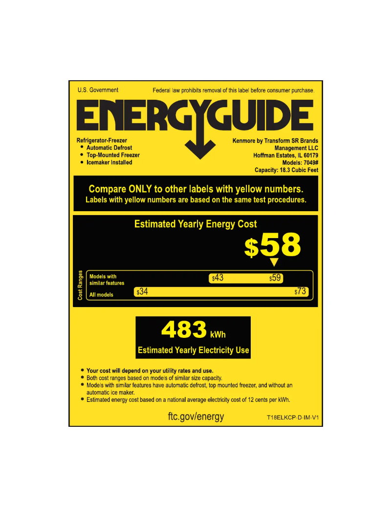 Page 1 de la notice Label énergétique Kenmore 70492