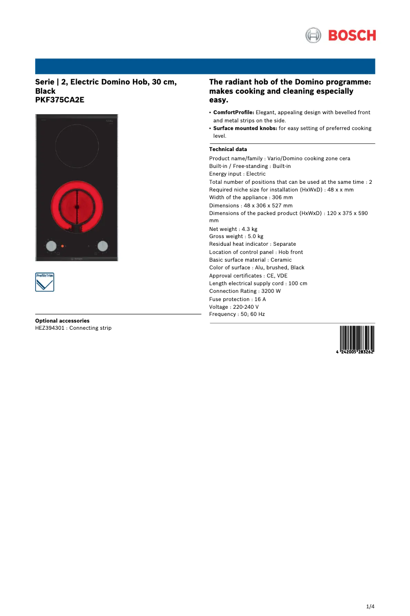 Page 1 de la notice Fiche technique Bosch PKF375CA2E