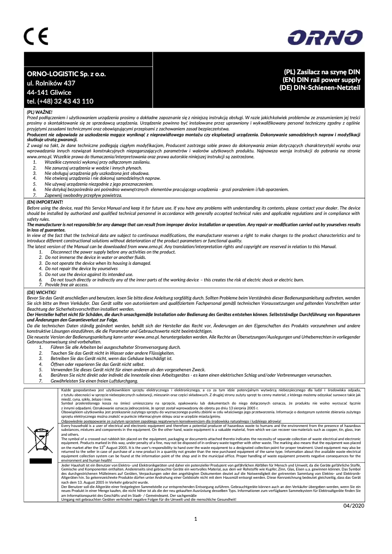 Page 1 de la notice Manuel utilisateur ORNO OR-PSU-1643