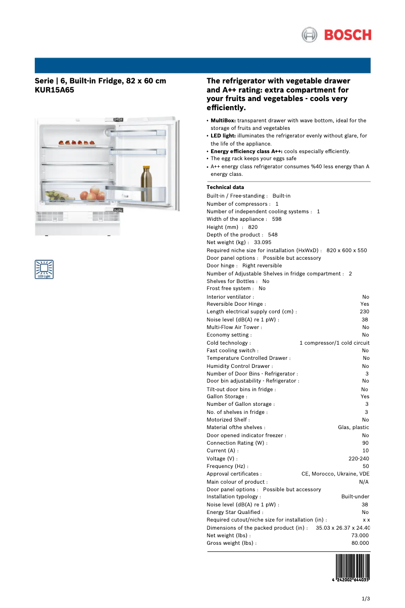 Page n°1 - Fiche technique Bosch KUR15A65