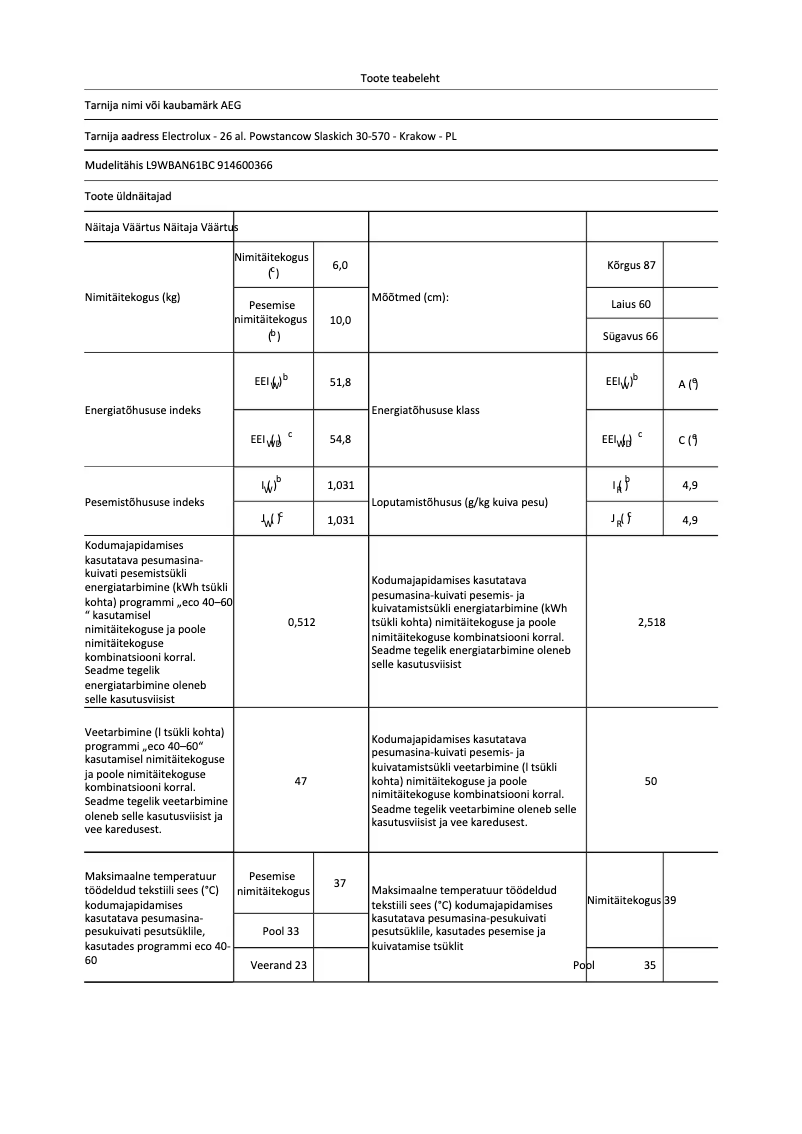 Page n°1 - Fiche technique AEG L9WBAN61BC