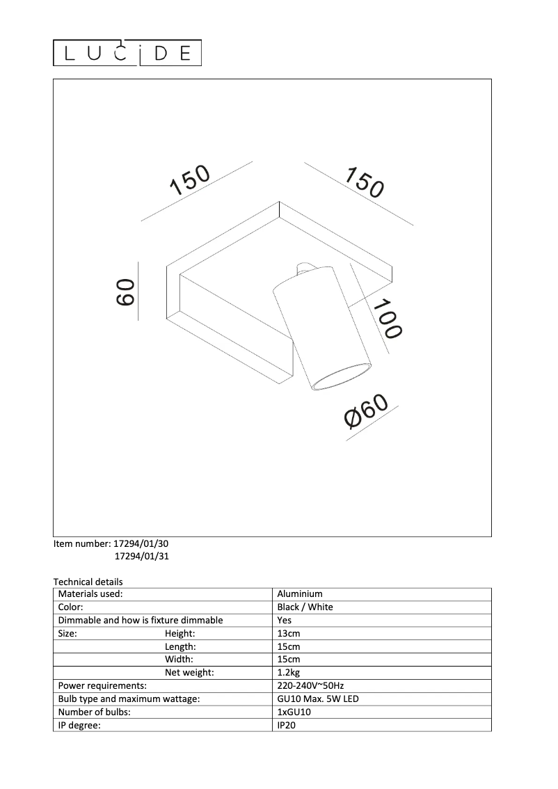 Page 1 de la notice Manuel utilisateur Lucide Blyth 17294/01/30