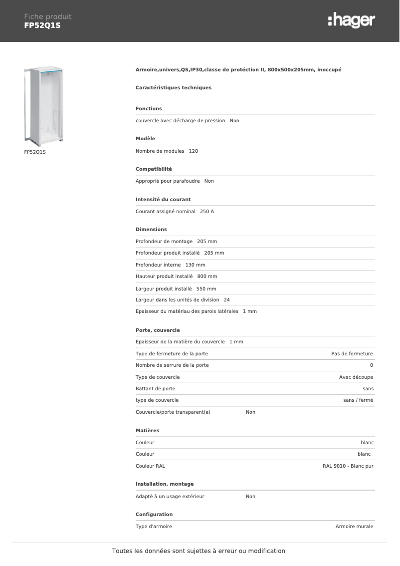 Page n°1 - Manuel utilisateur Hager FP52Q1S