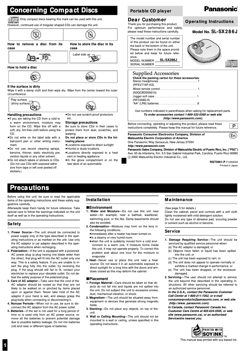 Page 1 de la notice Manuel utilisateur Panasonic SL-SX286J