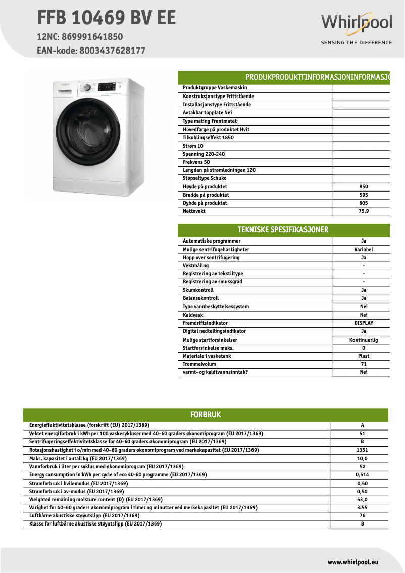 Page 1 de la notice Fiche technique Whirlpool FFB 10469 BV EE