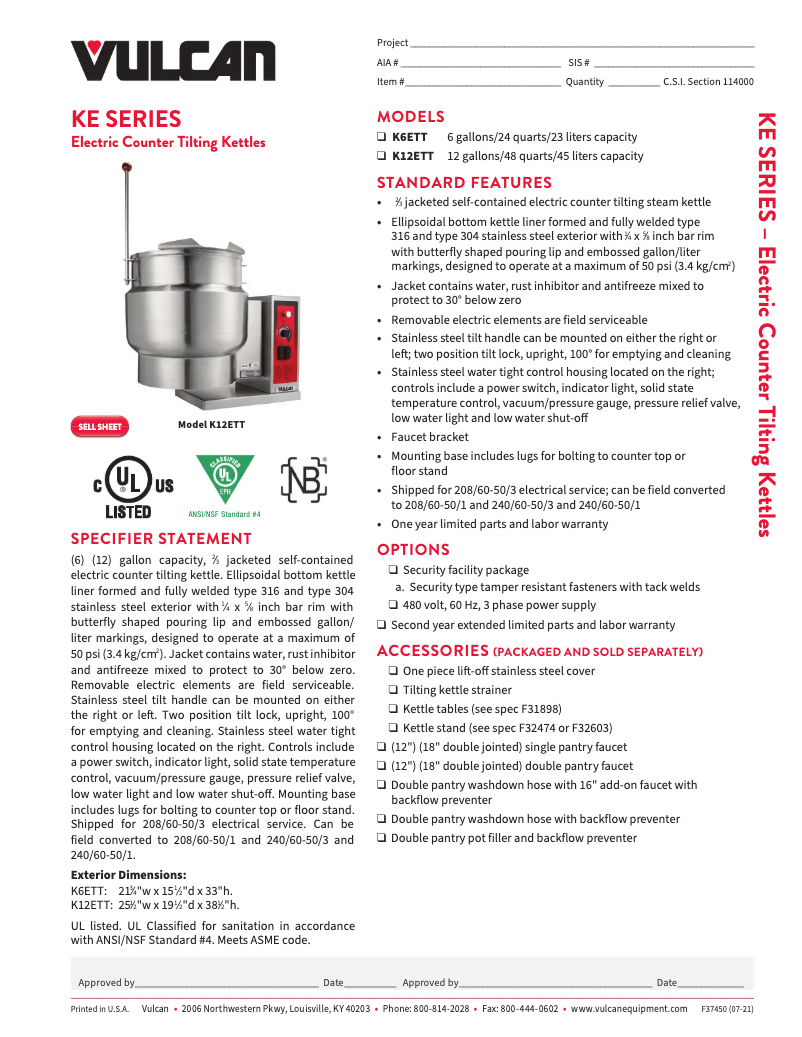 Page 1 de la notice Fiche technique Vulcan K12ETT