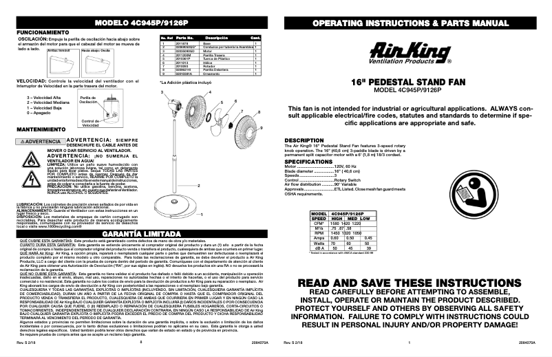 Page 1 de la notice Manuel utilisateur Air King 9126