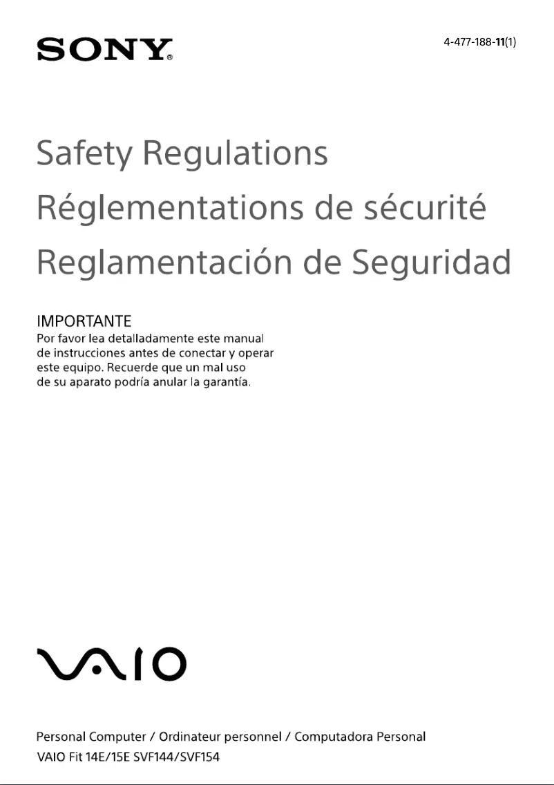 Image de la première page du manuel de l'appareil Vaio Fit 15 SVF15414CXW