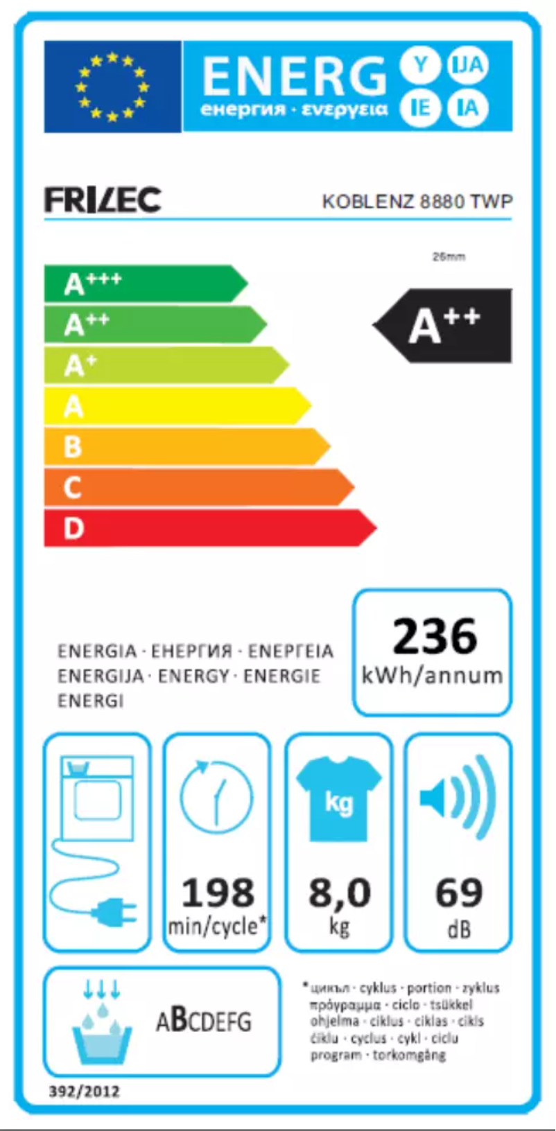 Page 1 of the manual Energy Label Frilec KOBLENZ8880TWP