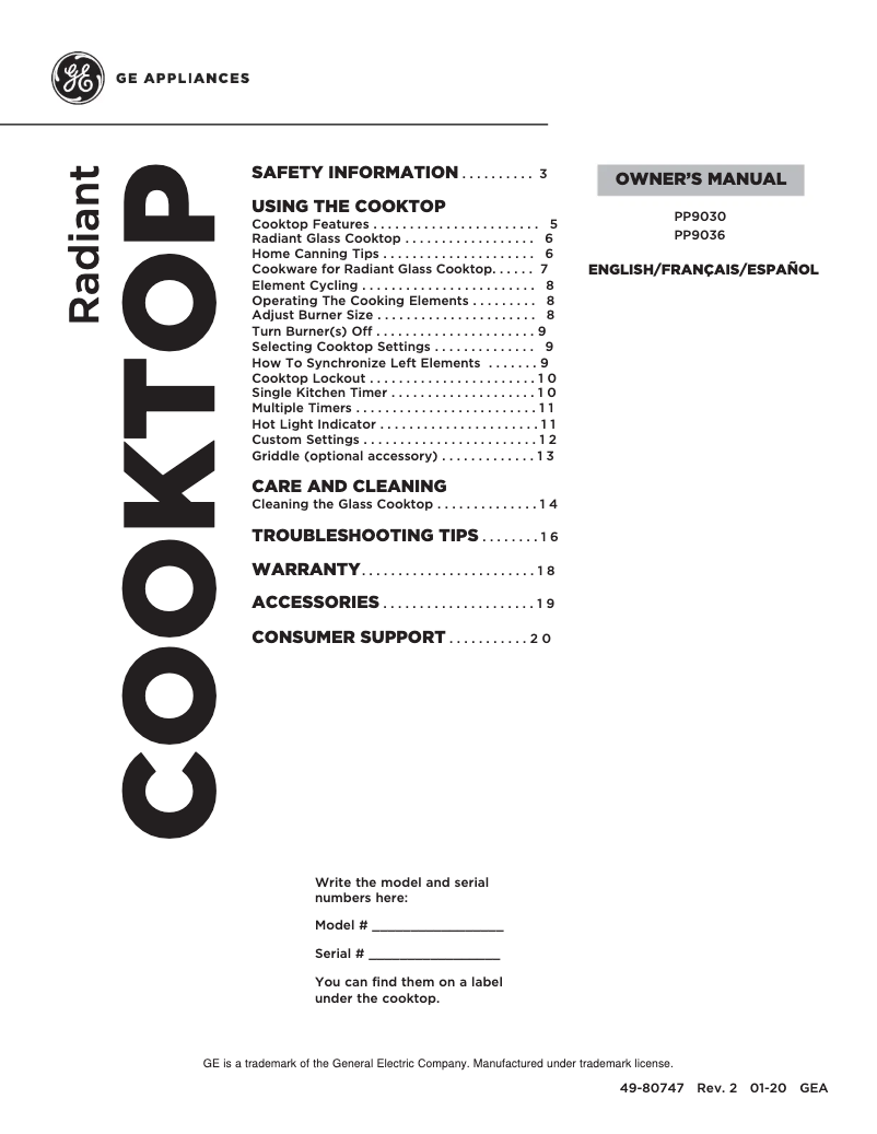 Página 1 del manual Manual de usuario GE Profile PP9036SJSS