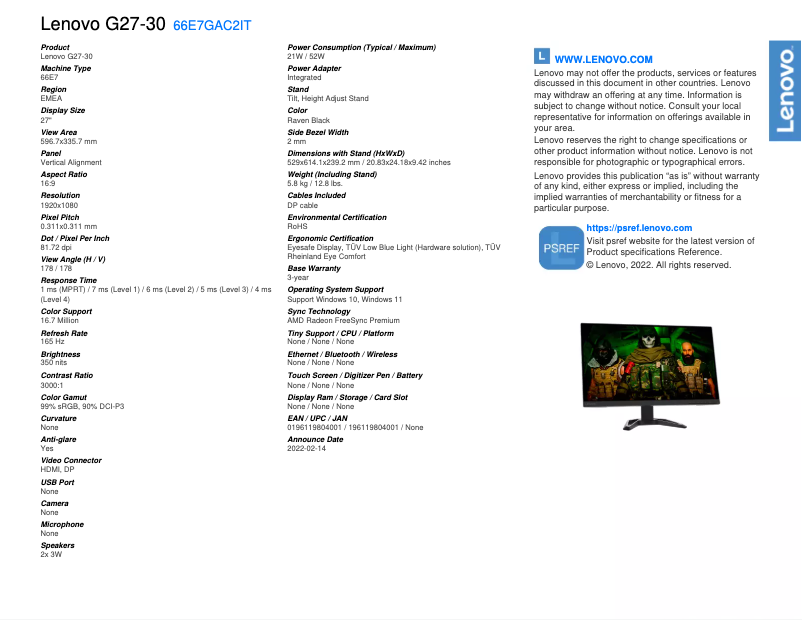 Página 1 del manual Ficha técnica Lenovo G27-30