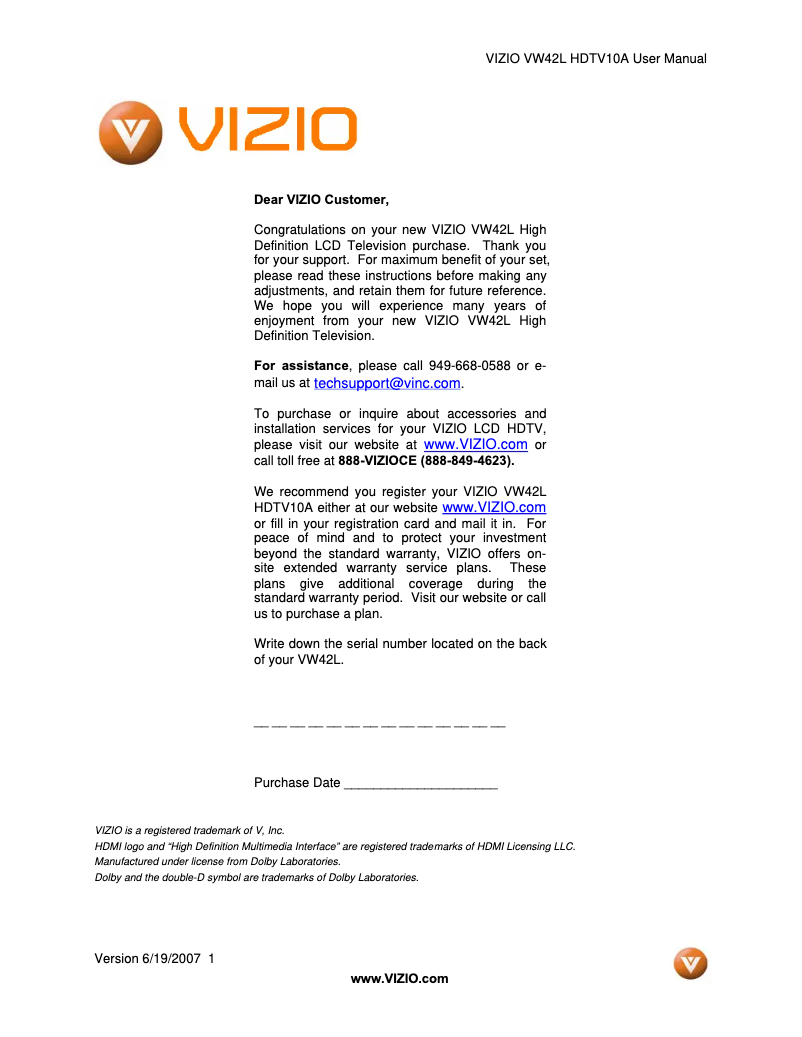 Image de la première page du manuel de l'appareil VW42LHDTV10A