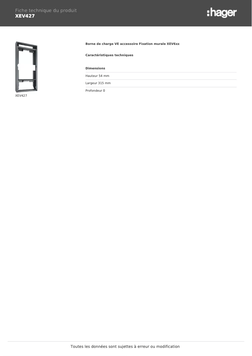 Page 1 de la notice Fiche technique Hager XEV427