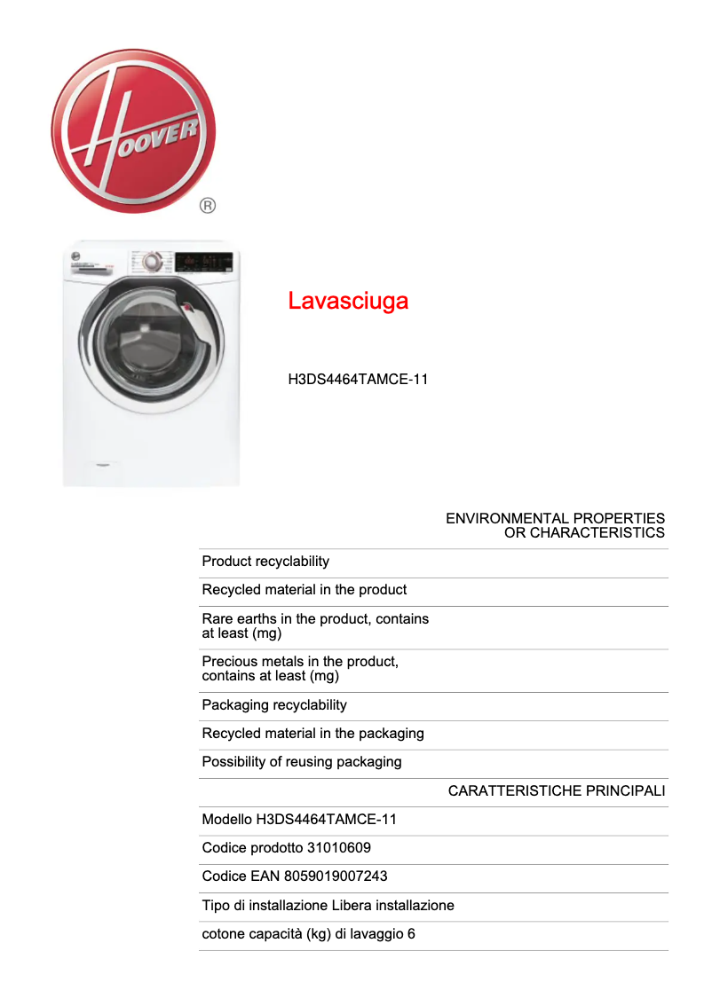Page n°1 - Fiche technique Hoover H3DS4464TAMCE-11