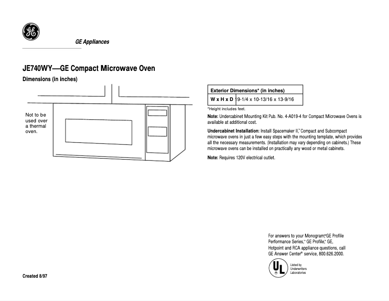 Página 1 del manual Ficha técnica GE JE740WY