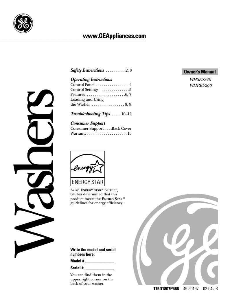 Page n°1 - Manuel utilisateur GE WHRE5260EWW