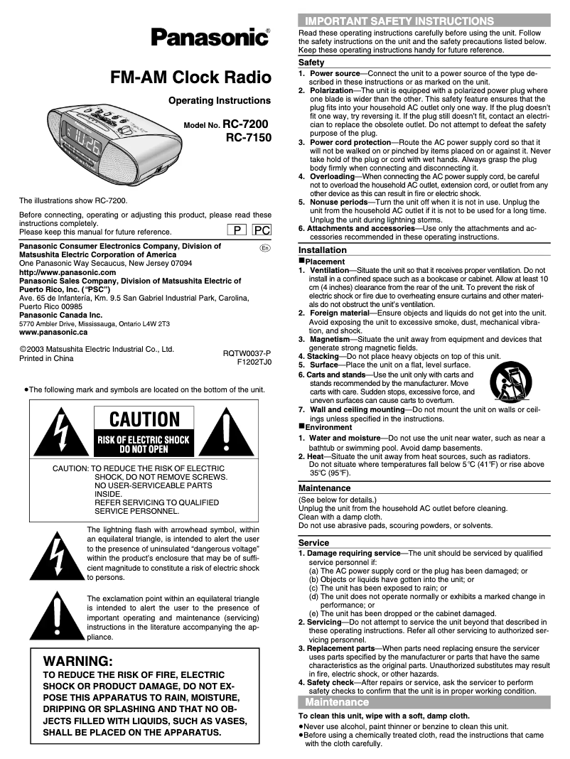 Page n°1 - Manuel utilisateur Panasonic RC-7200