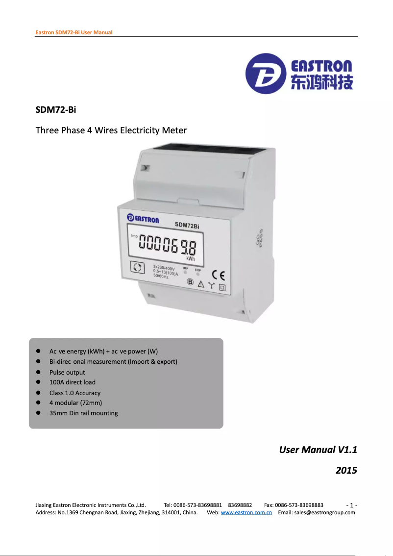 Page 1 de la notice Manuel utilisateur Eastron SDM72-Bi