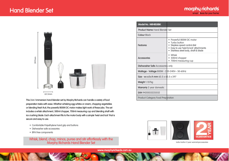 Page 1 de la notice Fiche technique Morphy Richards MRHBS8BK