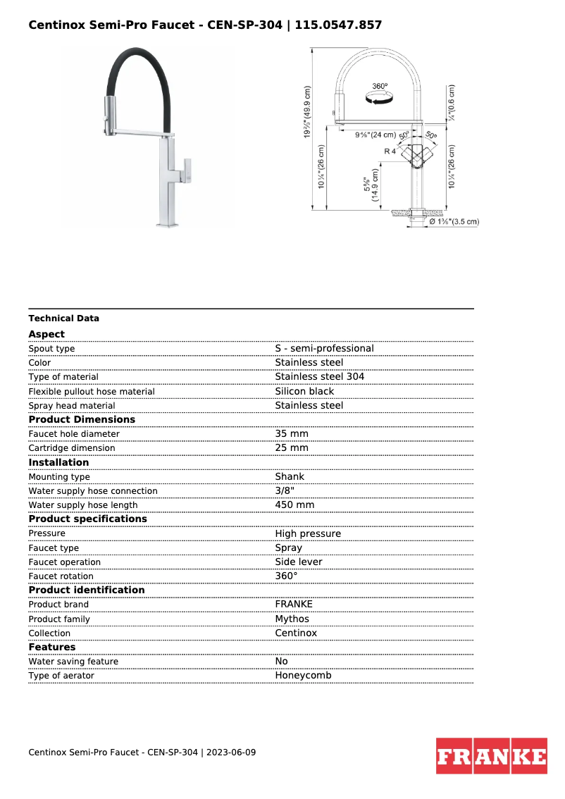 Página 1 del manual Ficha técnica Franke CEN-SP-304