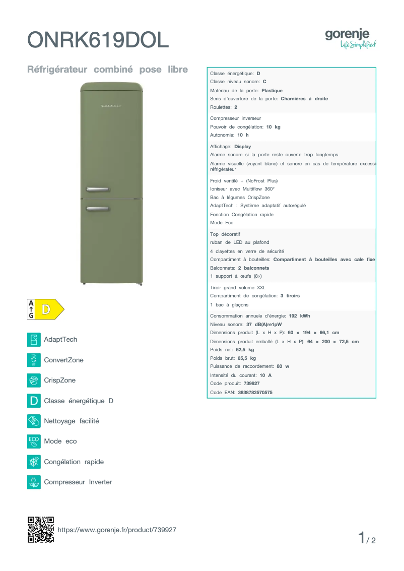 Page n°1 - Fiche technique Gorenje ONRK619DOL