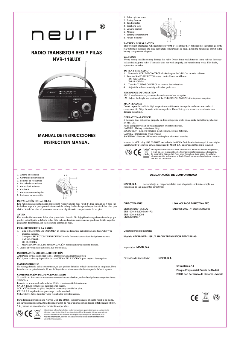 Page 1 de la notice Manuel utilisateur Nevir NVR-118 Lux