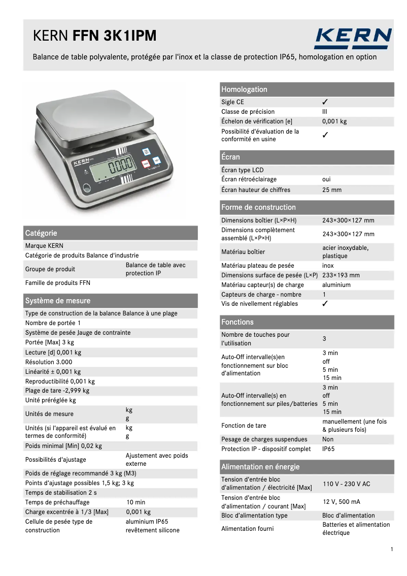 Page 1 de la notice Fiche technique Kern FFN 3K1IPM