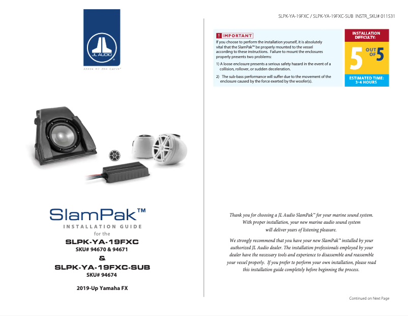 Page n°1 - Manuel utilisateur JL Audio SlamPak LPK-YA-19FXC-Gm