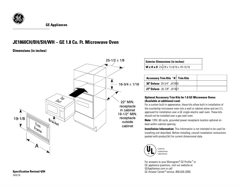 Page n°1 - Fiche technique GE JE1860BH