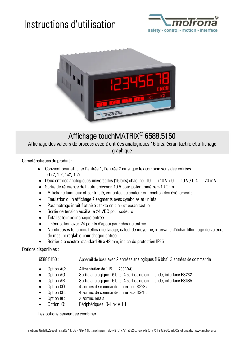 Page 1 de la notice Manuel utilisateur Motrona 6588.5150