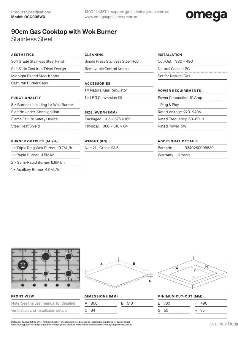 Page n°1 - Fiche technique Omega OCG905WX