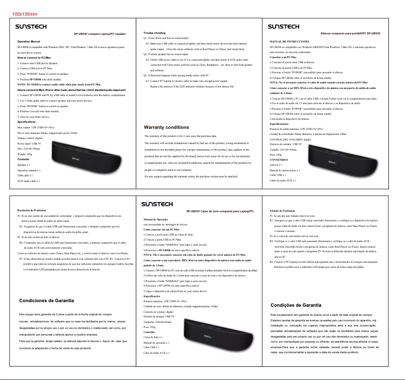 Page 1 de la notice Manuel utilisateur Sunstech SPUB500