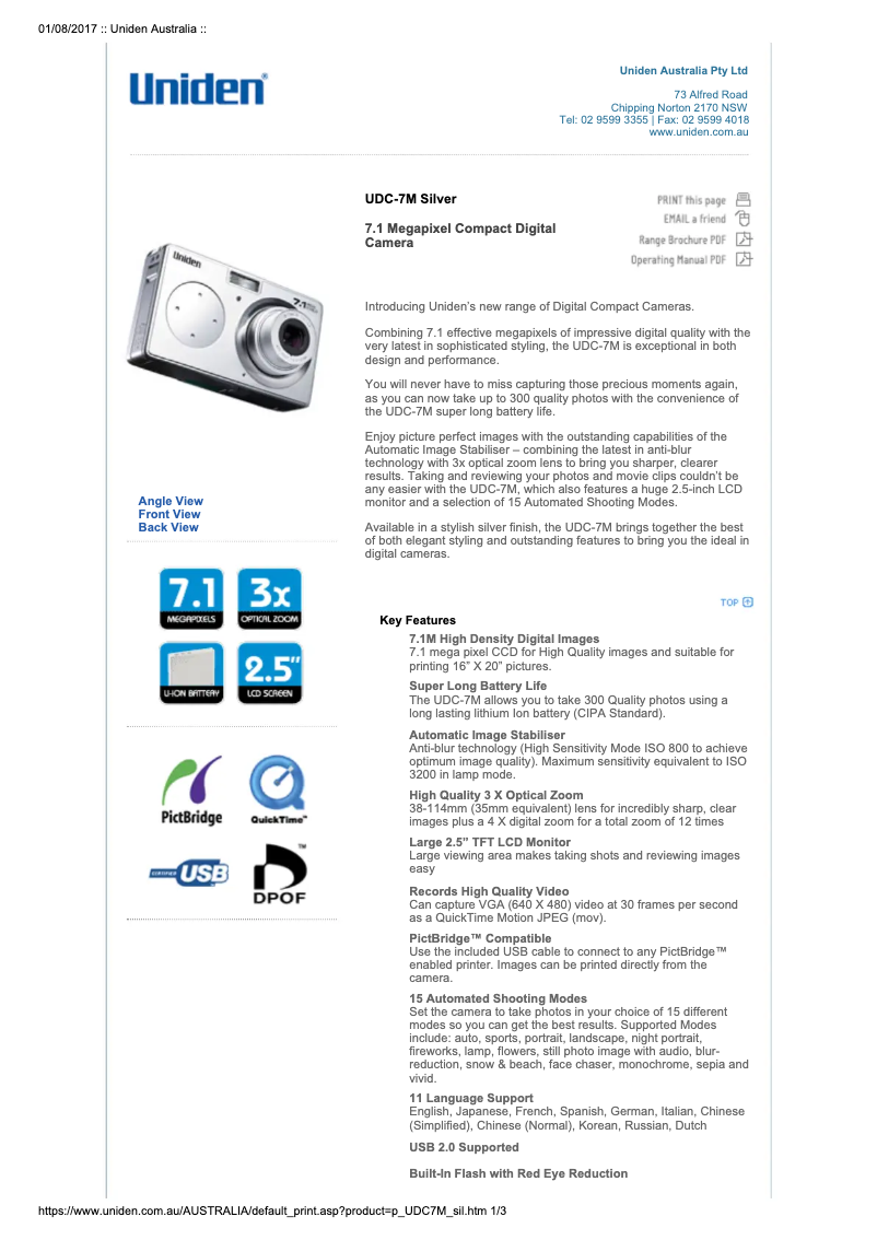 Page 1 de la notice Manuel utilisateur Uniden UDC-7M Silver