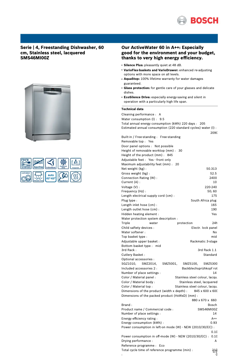 Page 1 de la notice Fiche technique Bosch SMS46MI00Z