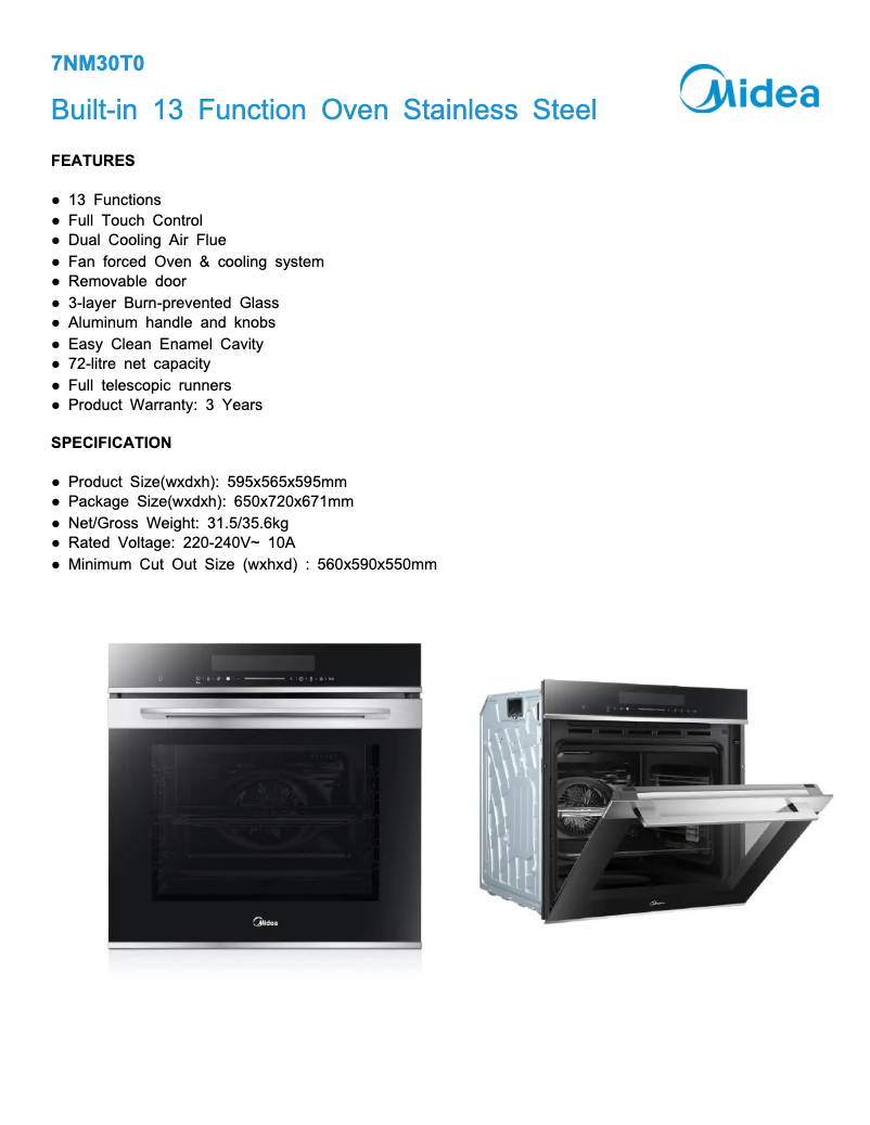 Page 1 de la notice Fiche technique Midea 7NM30T0
