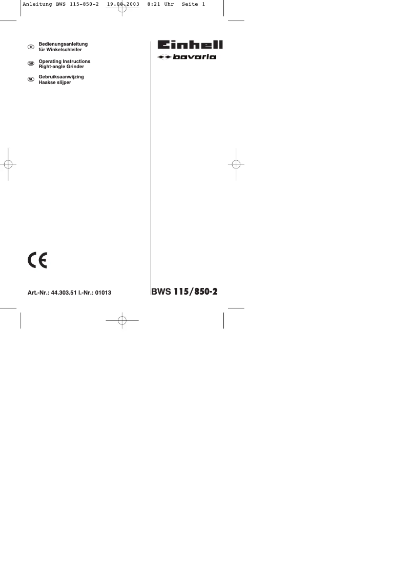 Page n°1 - Manuel utilisateur Bavaria by Einhell BWS 115/850-2