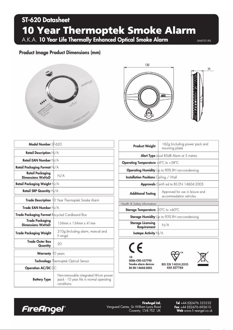 Page 1 de la notice Fiche technique FireAngel ST-620