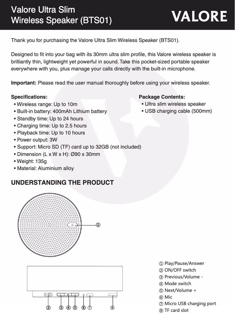 Image de la première page du manuel de l'appareil BTS01