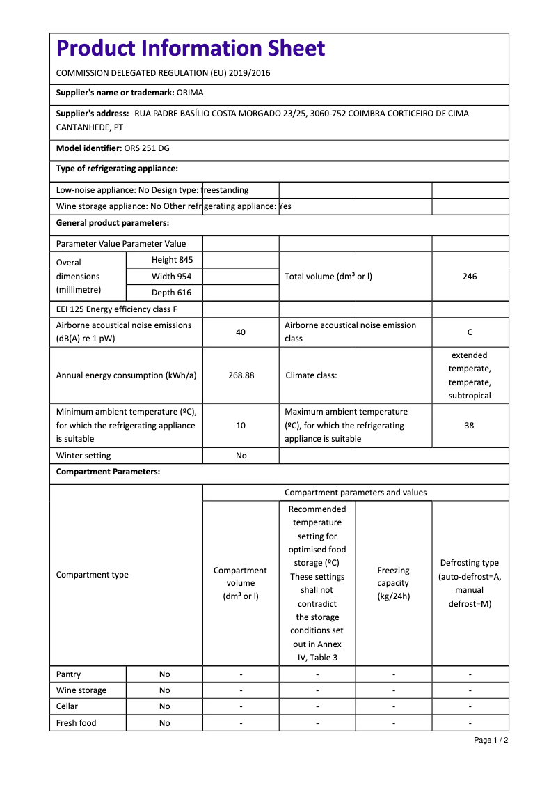 Page n°1 - Manuel utilisateur Orima ORS 251 DG