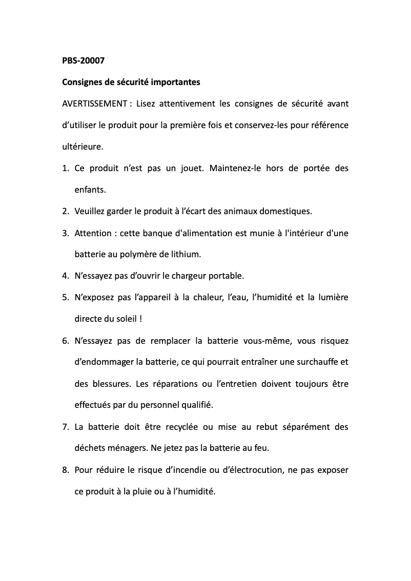 Image de la première page du manuel de l'appareil PBS-20007