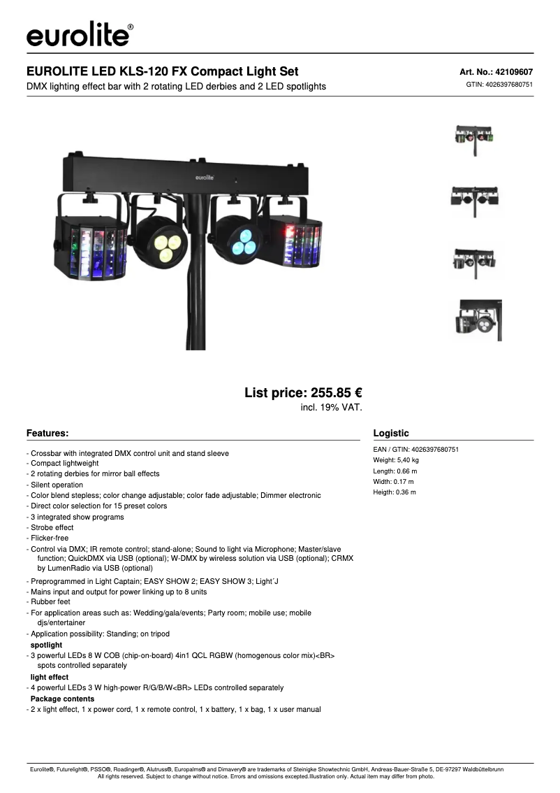Page 1 de la notice Fiche technique Eurolite LED KLS-120 FX