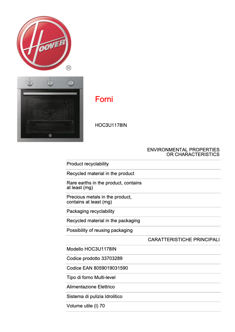 Page 1 de la notice Fiche technique Hoover HOC3U1178IN