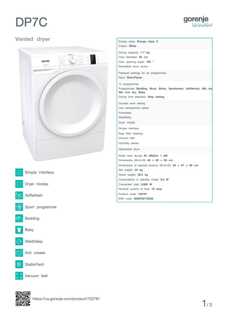 Page 1 de la notice Fiche technique Gorenje DP7C