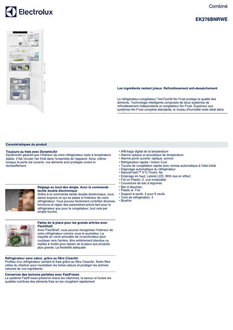 Page 1 de la notice Fiche technique Electrolux EK276BNRWE