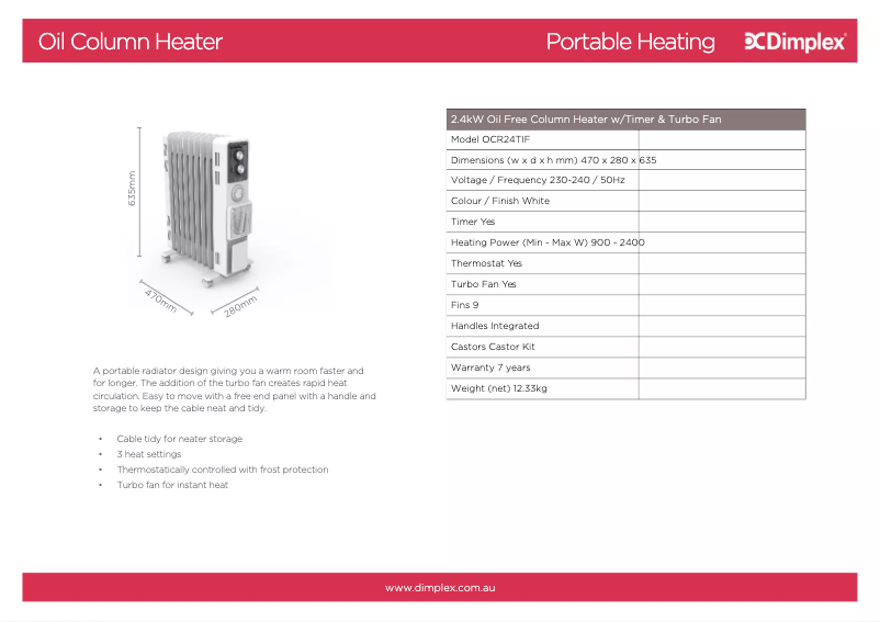 Page 1 de la notice Fiche technique Dimplex OCR24TIF