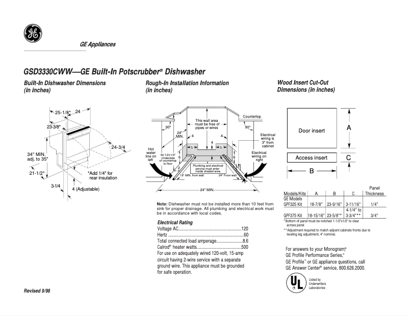 Page 1 de la notice Fiche technique GE GSD3330CWW