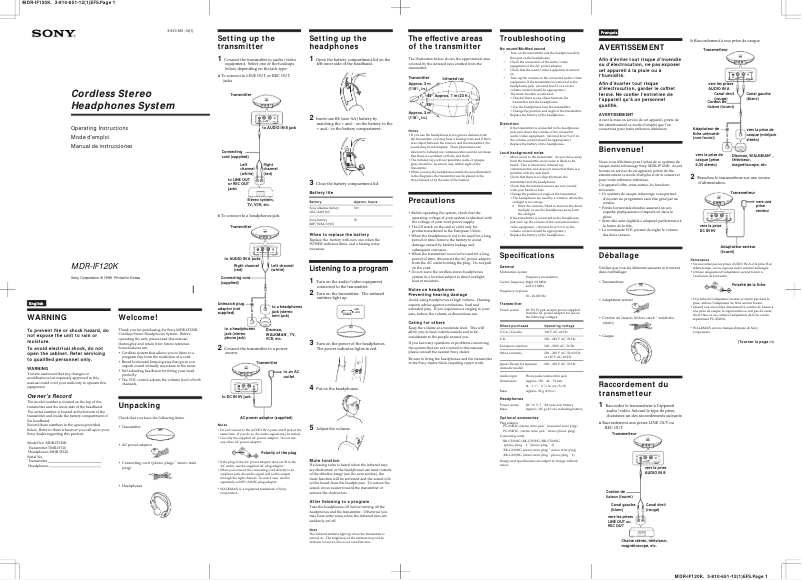 Page n°1 - Manuel utilisateur Sony MDR-IF120K