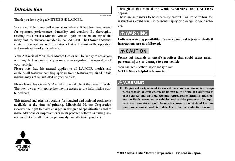 Page 1 de la notice Manuel utilisateur Mitsubishi Lancer SE AWC (2014)
