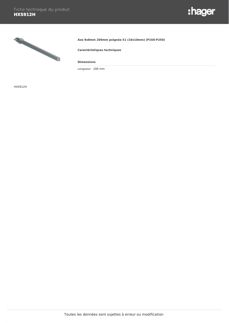 Page 1 de la notice Fiche technique Hager HXS912H